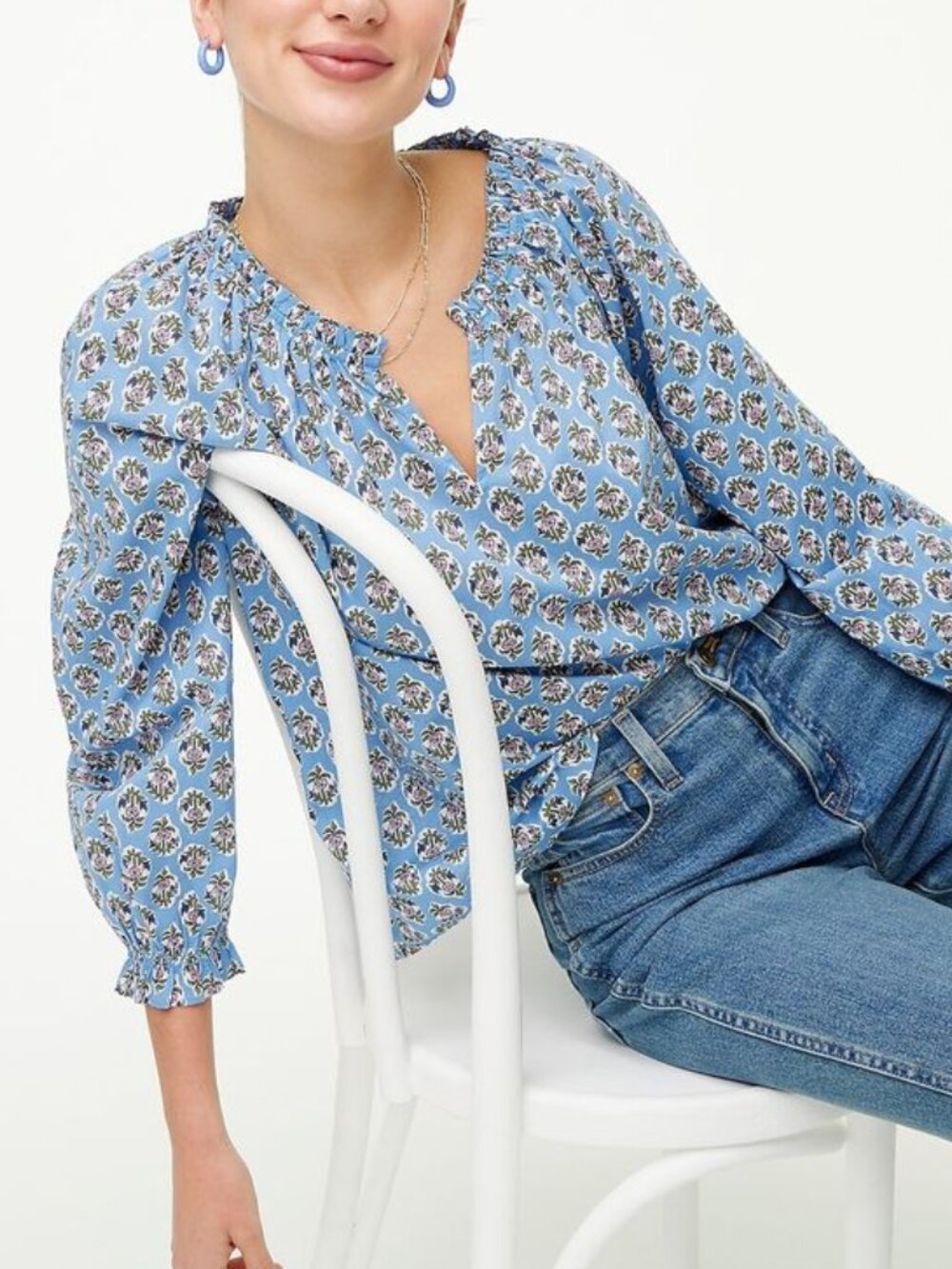 J. Crew Cotton Artist Top in Blue Hydrangea Floral Preppy Drapey Crape Top Sz L